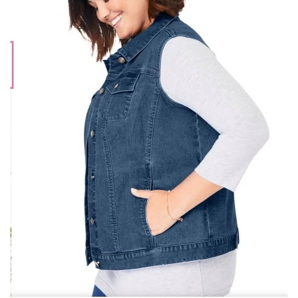 Woman Within Denim Vest size 26W Blue Jean Sleeveless Jacket Pockets‎ Stretch